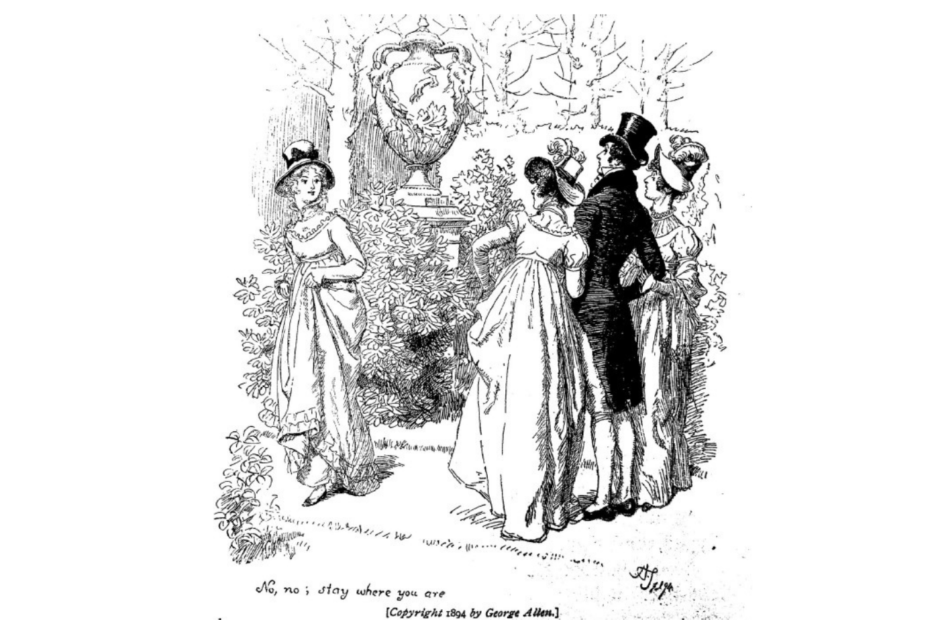 illustration from Pride and Prejudice of two women and a man speaking to a third woman.